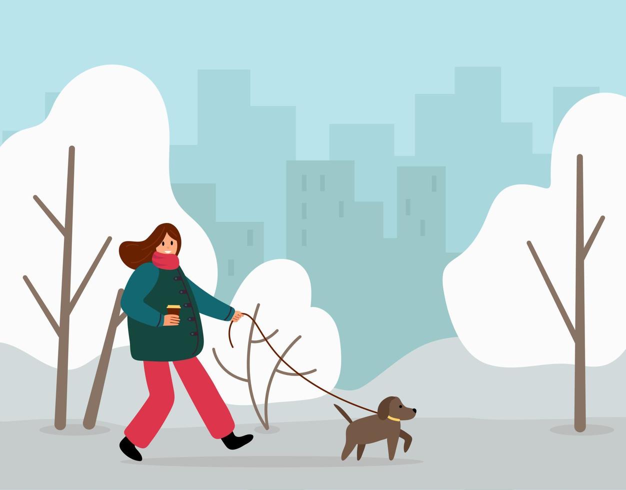 wandelen uw hond maand. de meisje is wandelen haar hond. vlak stijl. vector illustratie.