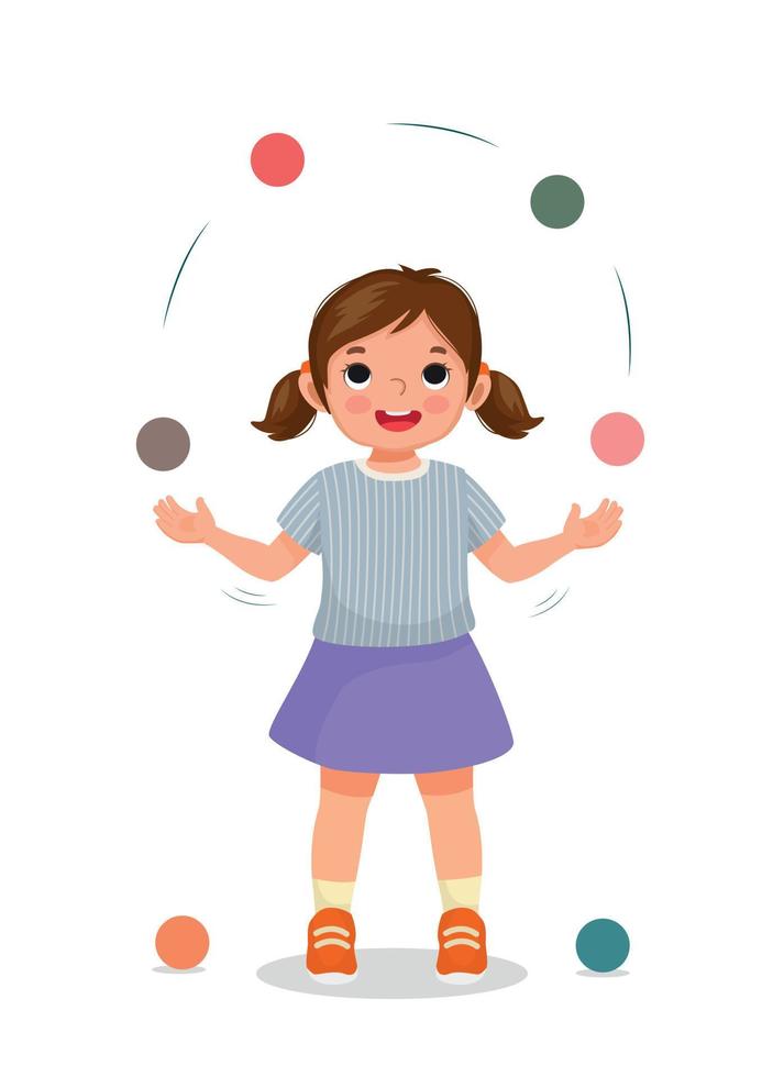 schattig weinig meisje beoefenen jongleren ballen vector