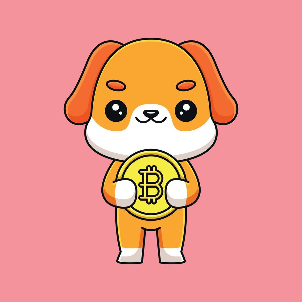 schattig hond Holding bitcoin tekenfilm mascotte tekening kunst hand- getrokken schets concept vector kawaii icoon illustratie