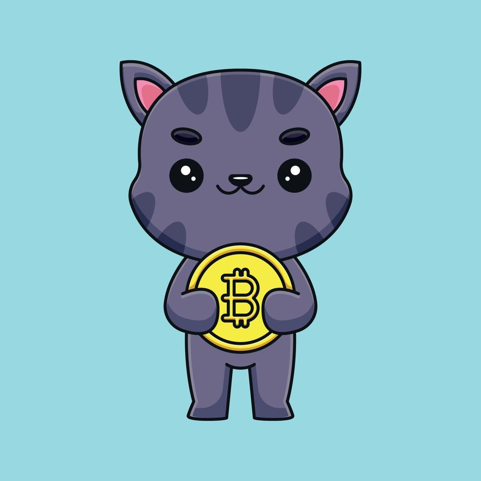 schattig kat Holding bitcoin tekenfilm mascotte tekening kunst hand- getrokken schets concept vector kawaii icoon illustratie