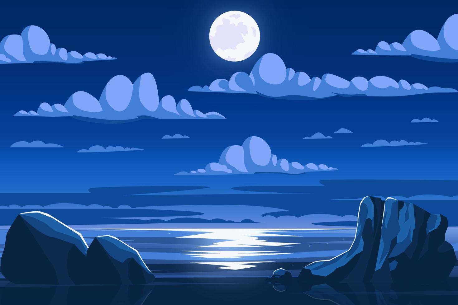 zee oceaan landschap Bij nacht met vol maan en wolk achtergrond vector illustratie
