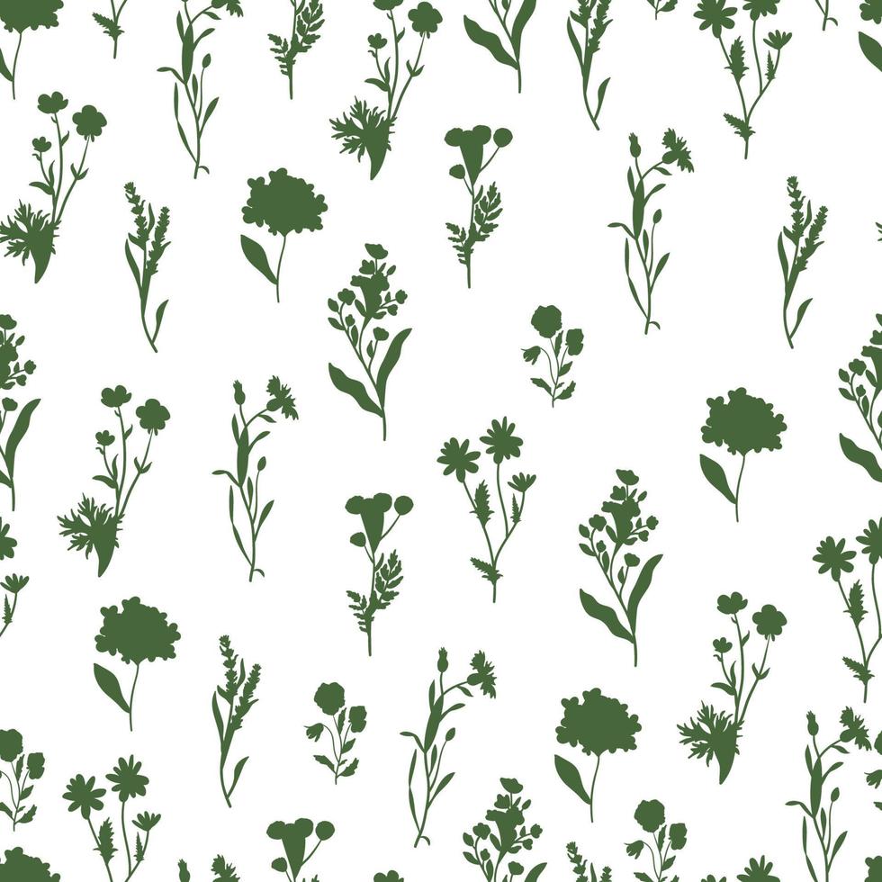 wild bloemen vector naadloos patroon. kruiden, kruidachtig bloeiend planten, bloeiend bloemen, substruiken textuur. hand- getrokken vlak botanisch illustratie. boterbloemen, viooltje, boerenwormkruid, korenbloem, lavendel