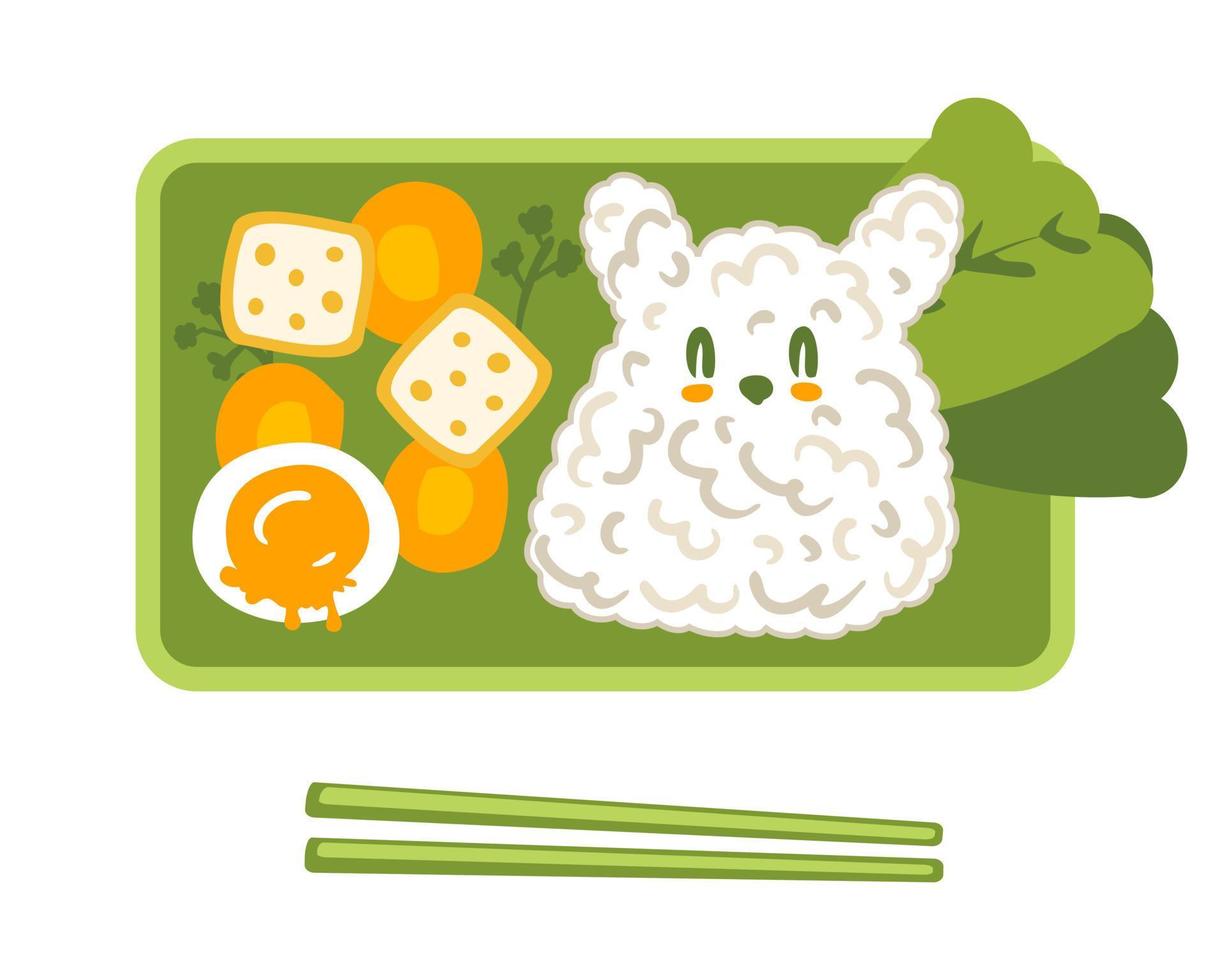 bento doos met rijst- konijn, tofu, kaas en wortel. vector