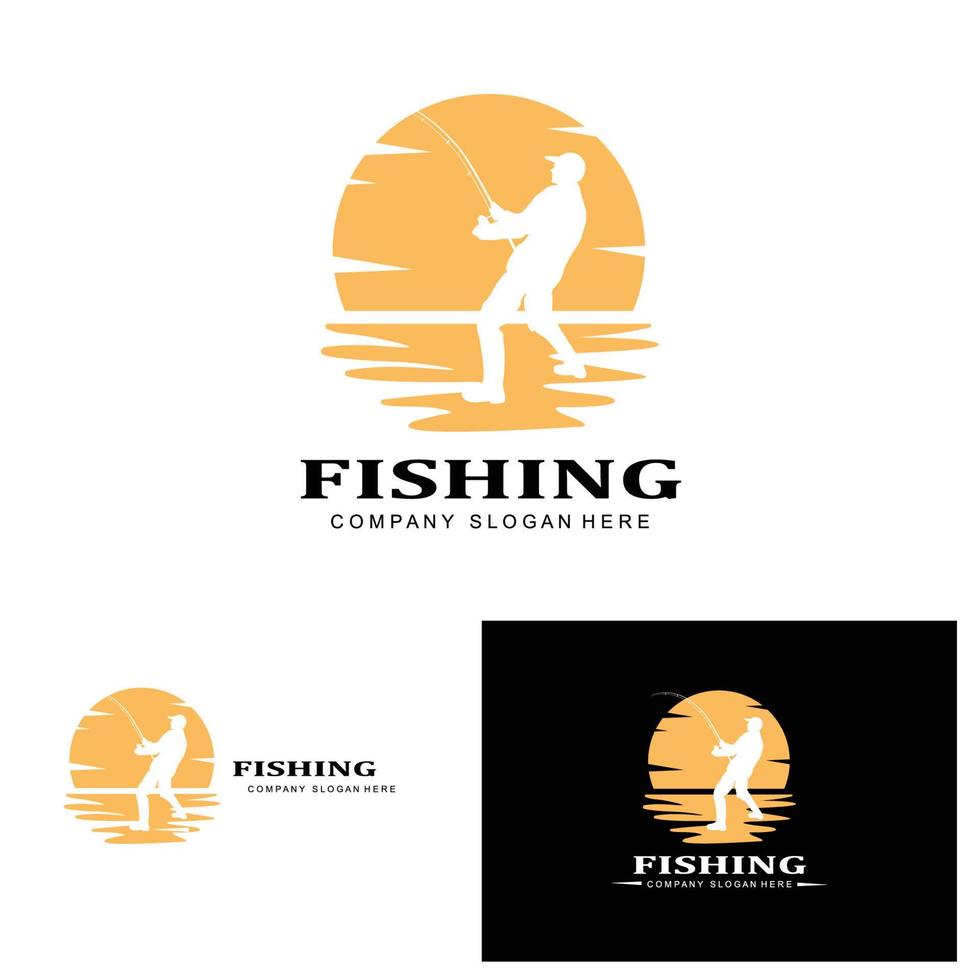 vissen logo pictogram vector, vang vis op de boot, outdoor zonsondergang silhouet ontwerp vector