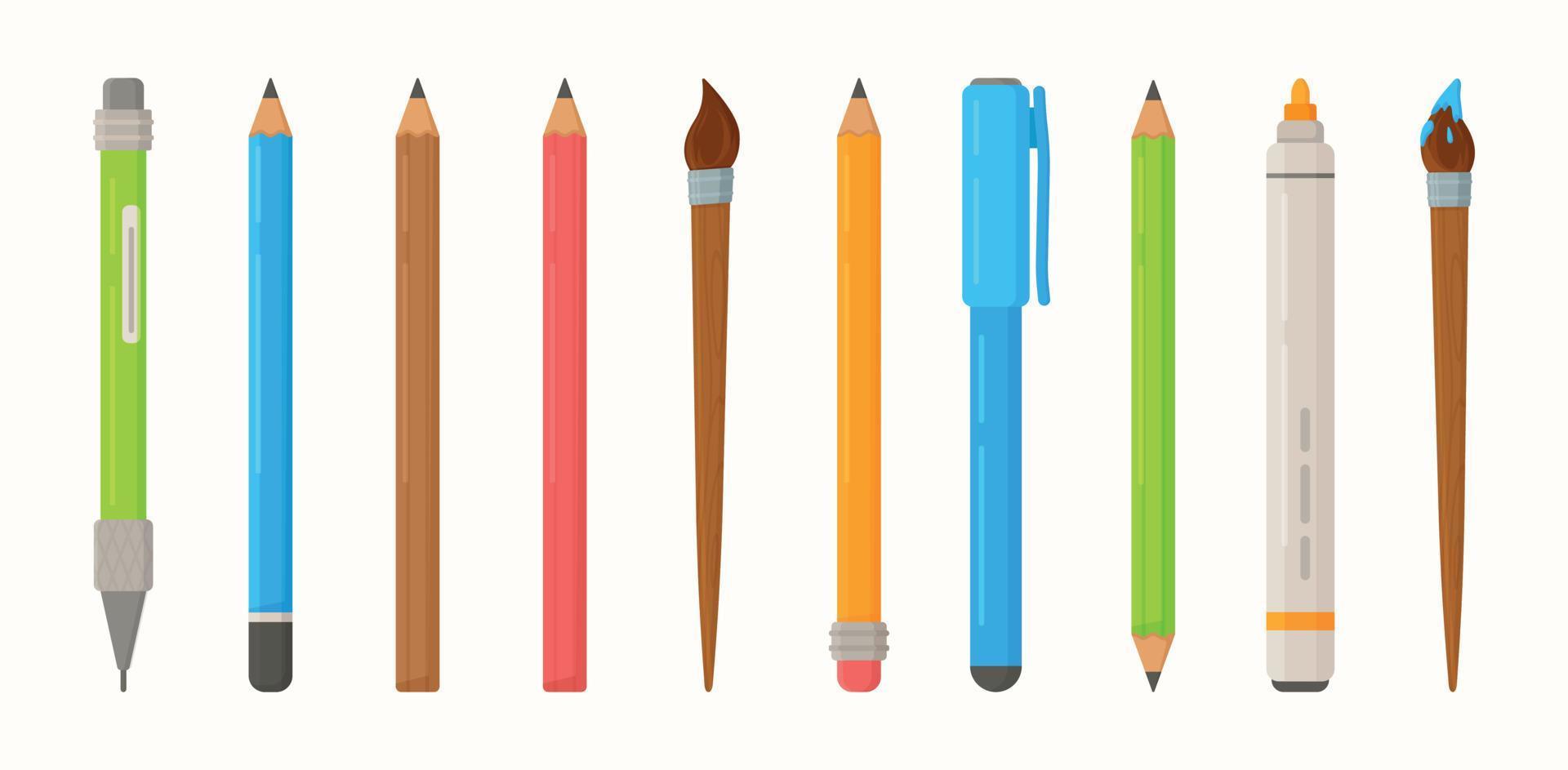 vector reeks van schrijfbehoeften voor schoolkinderen. pennen, potloden, markeringen, borstels en andere school- voorwerpen.