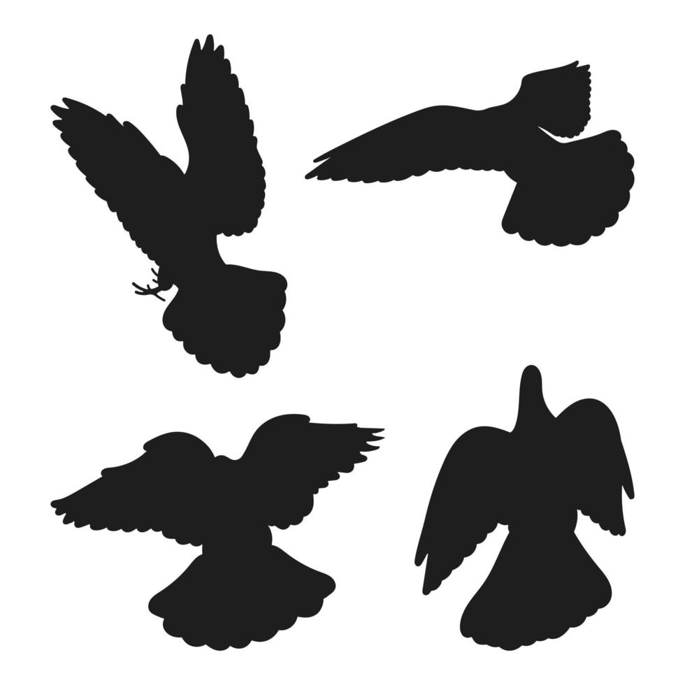 silhouet van duif, duif vlucht in verschillend posities, hand- getrokken pak van vogel vormen en figuren, geïsoleerd vector