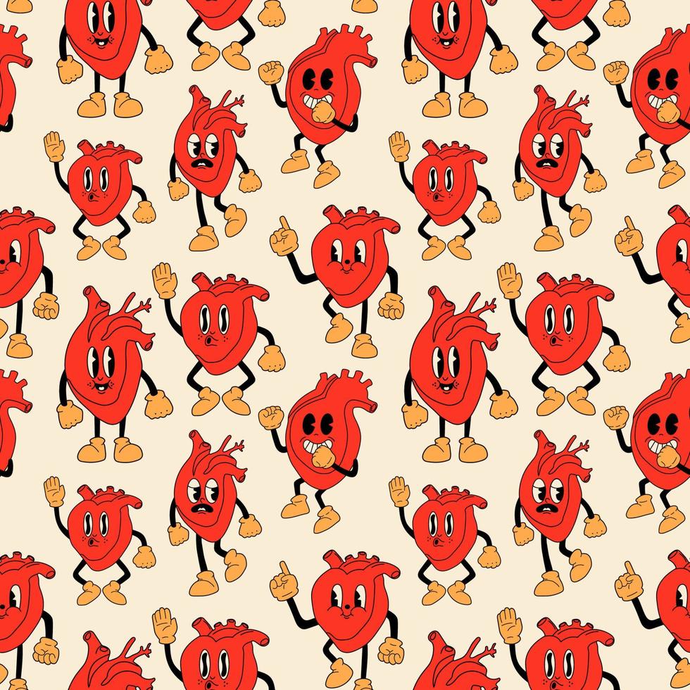 naadloos patroon met rood harten schattig mascottes met gelukkig gezicht in retro grappig stijl. gelukkig valentijnsdag dag reeks vector illustratie.