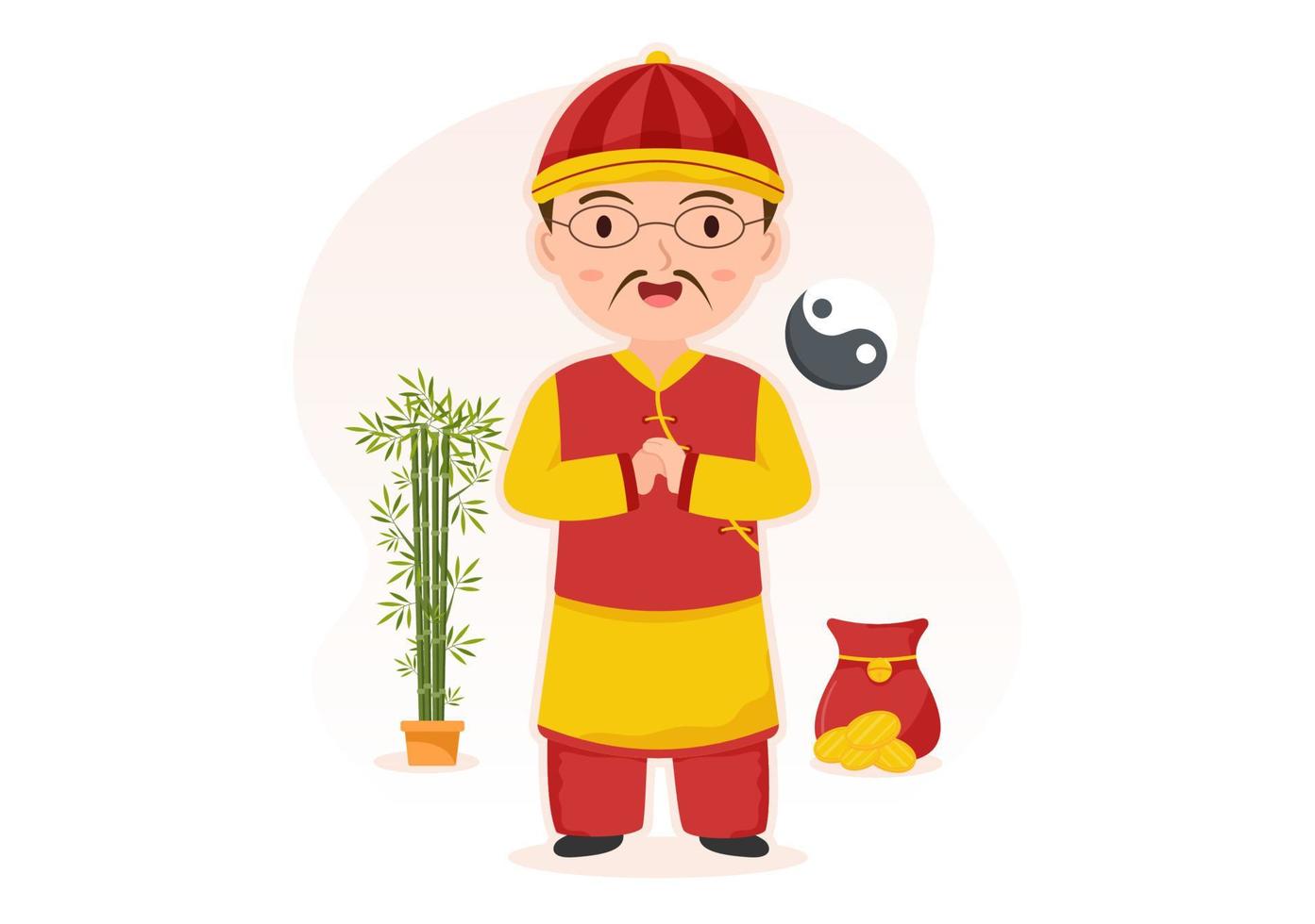 feng shui oosters filosofie met stenen, mensen en planten voor positief energie van vijf elementen in vlak tekenfilm hand- getrokken Sjablonen illustratie vector