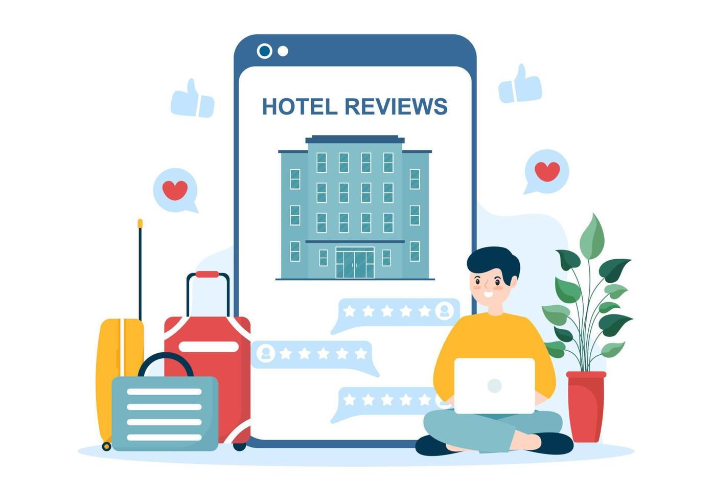 hotel recensie met beoordeling onderhoud, gebruiker tevredenheid naar beoordeeld klant, Product of ervaring in vlak tekenfilm hand- getrokken Sjablonen illustratie vector