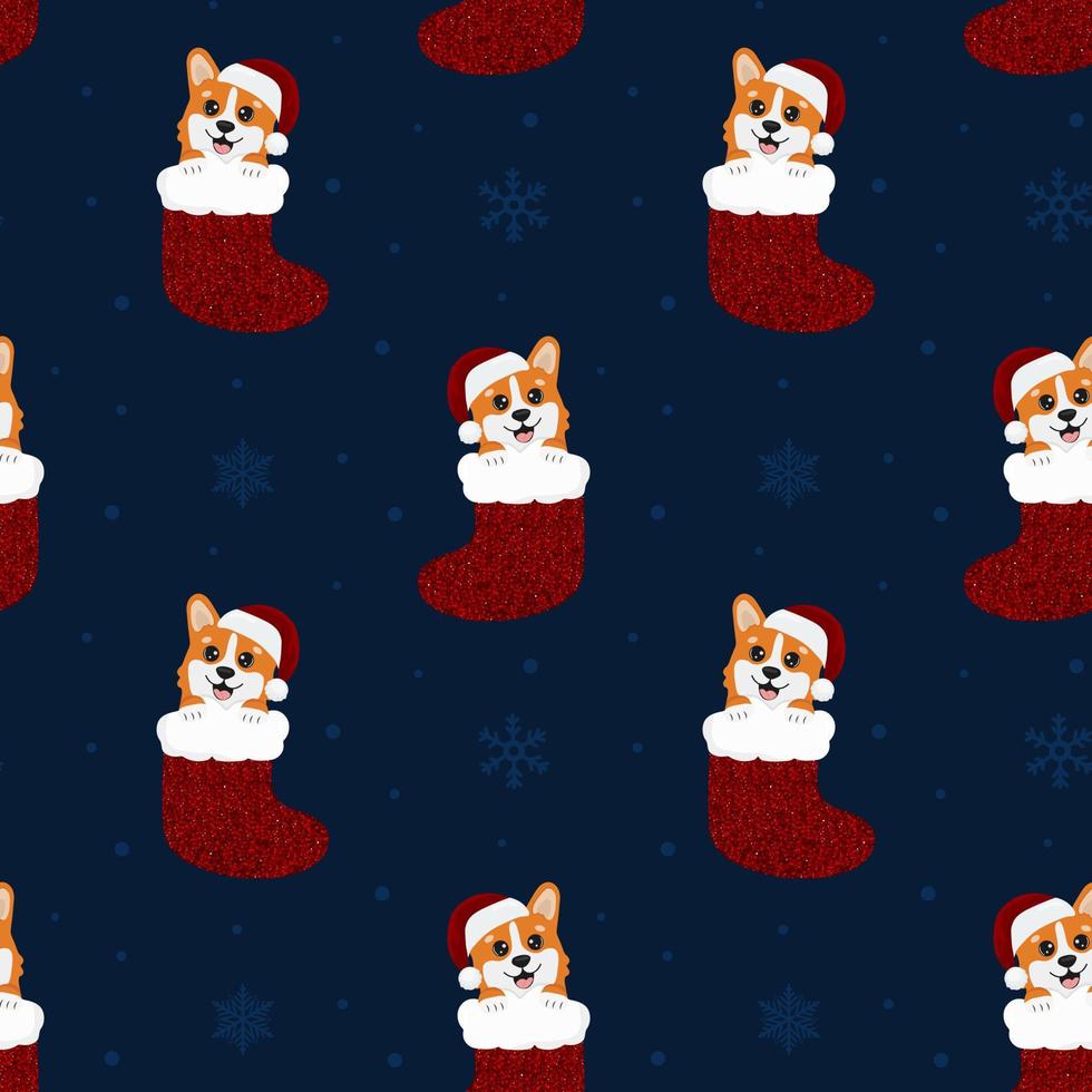 naadloos patroon met corgi's in Kerstmis sok. achtergrond voor omhulsel papier, groet kaarten en seizoensgebonden ontwerpen. vrolijk Kerstmis en gelukkig nieuw jaar. vector