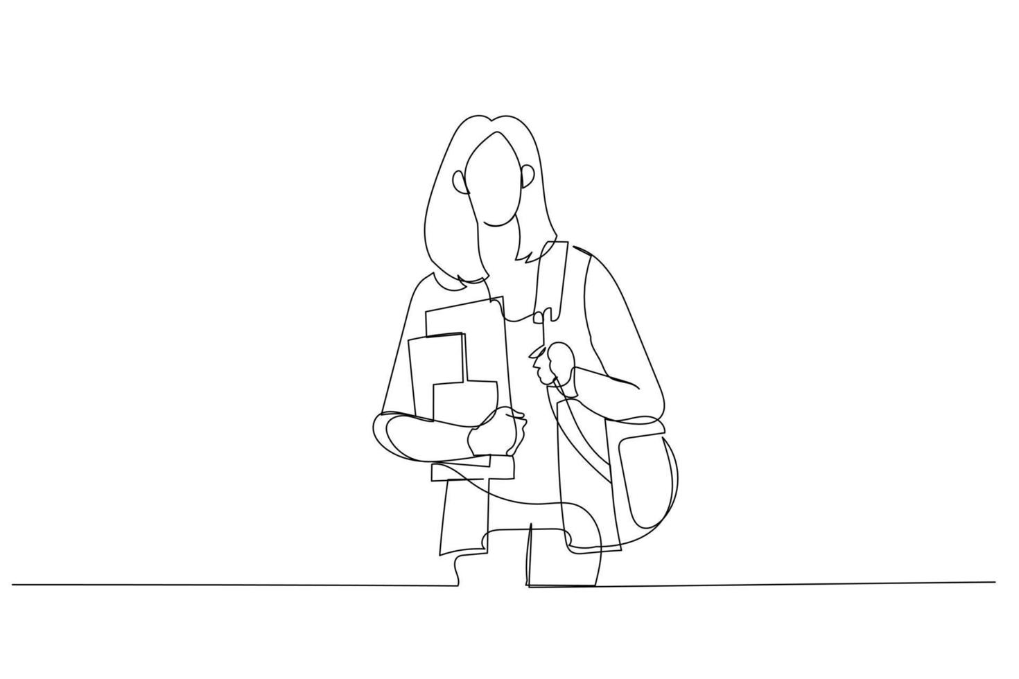 illustratie van vrouw leerling vervelend rugzak Holding boeken en tablet. single doorlopend lijn kunst vector