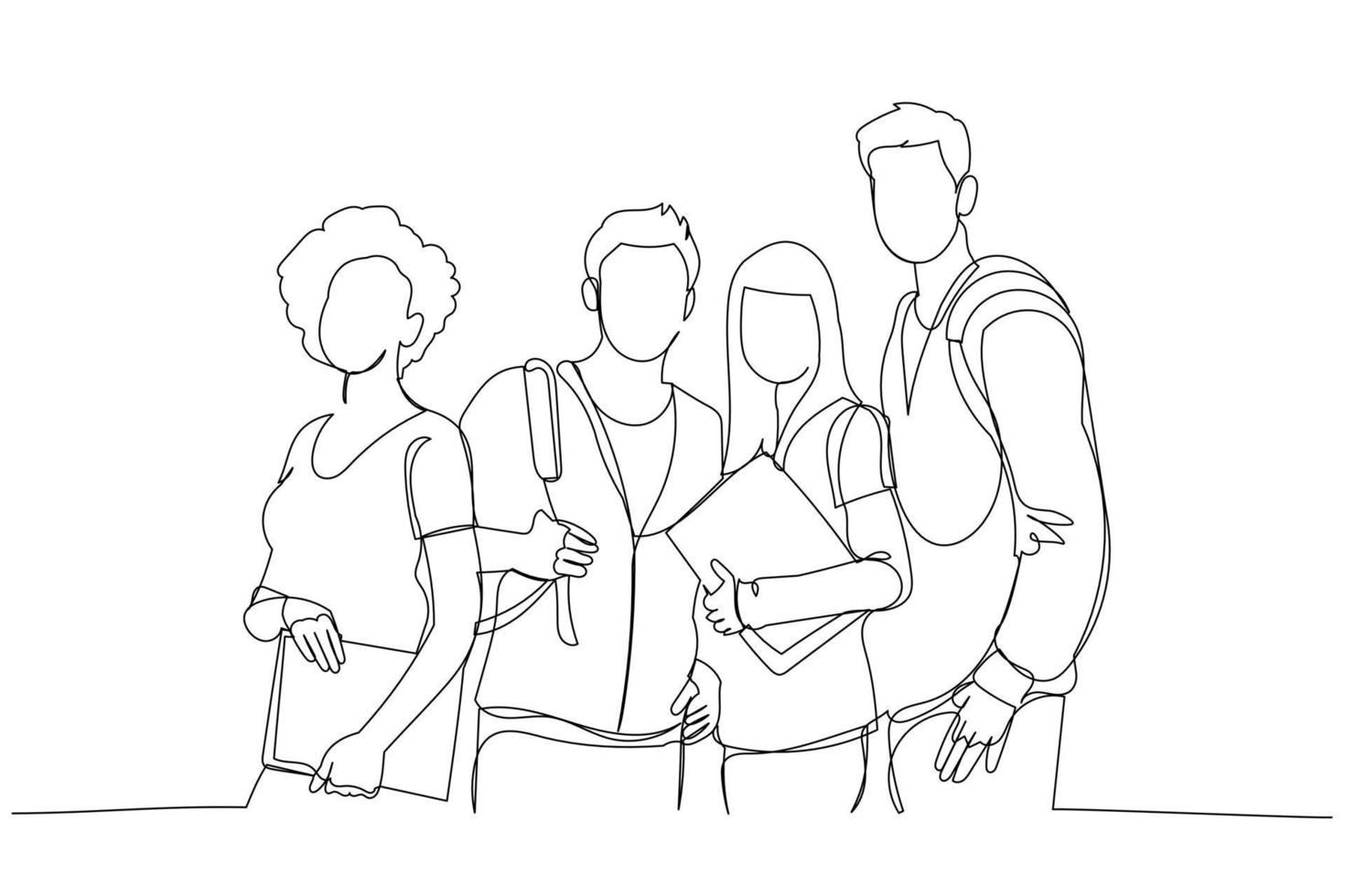 tekening van groep van studenten Holding boeken poseren na belt. single doorlopend lijn kunst vector
