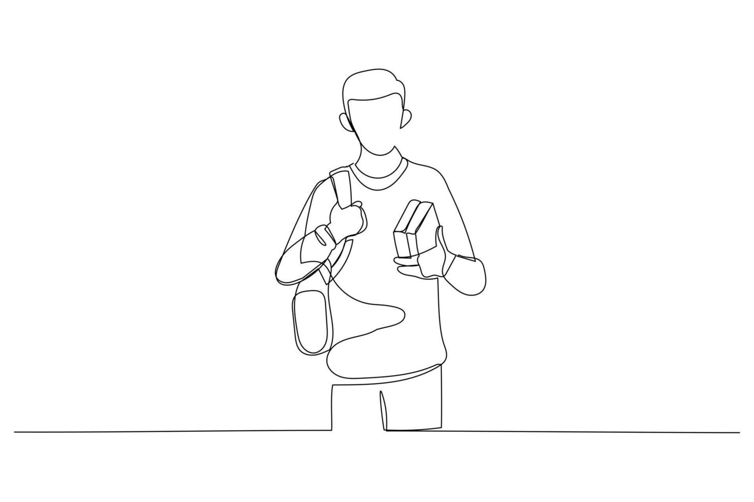 illustratie van jong tiener met school- rugzak en boeken. single lijn kunst stijl vector