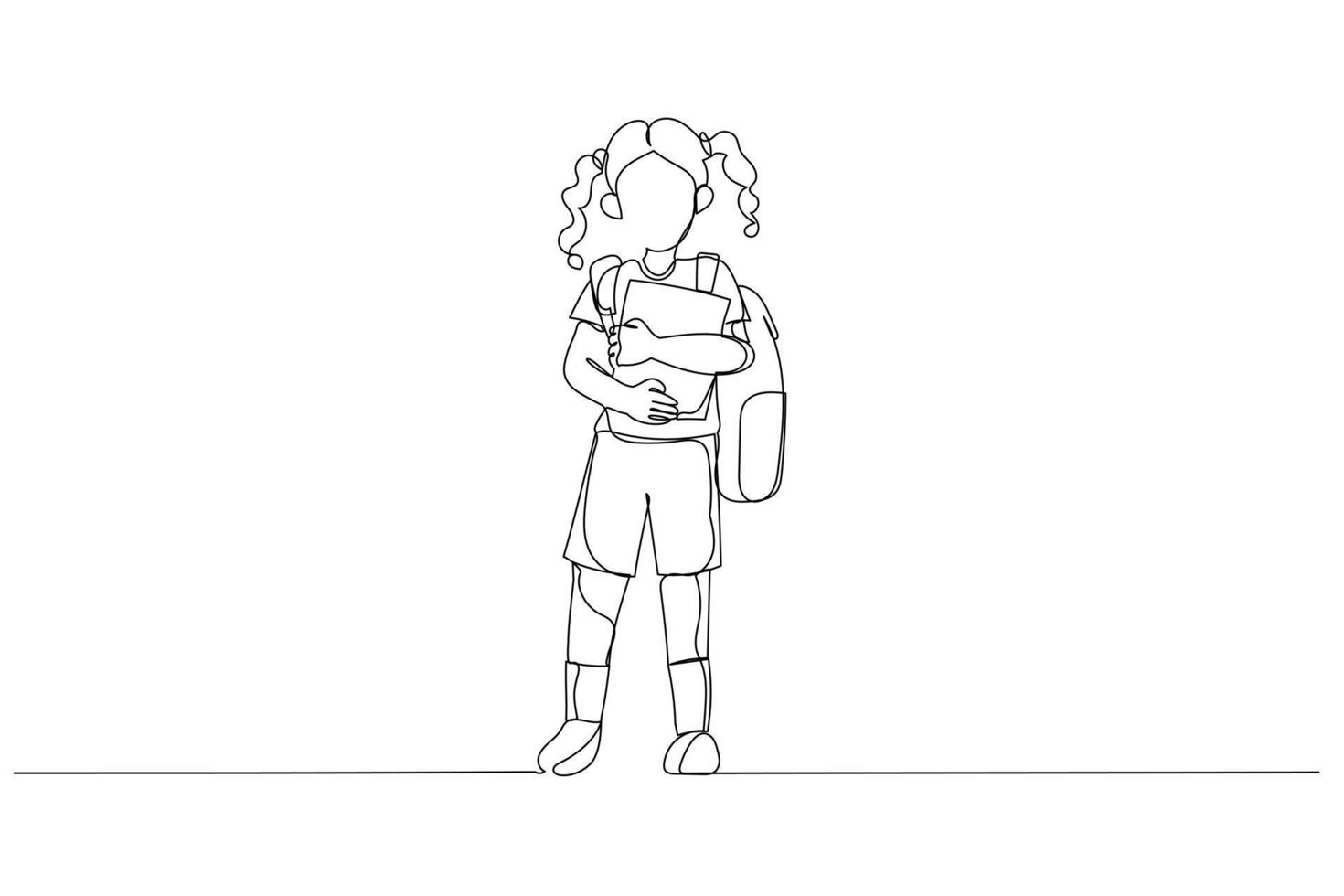 illustratie van weinig meisje gaat naar school- voor de eerste tijd met een school- zak en een boek. single lijn kunst stijl vector
