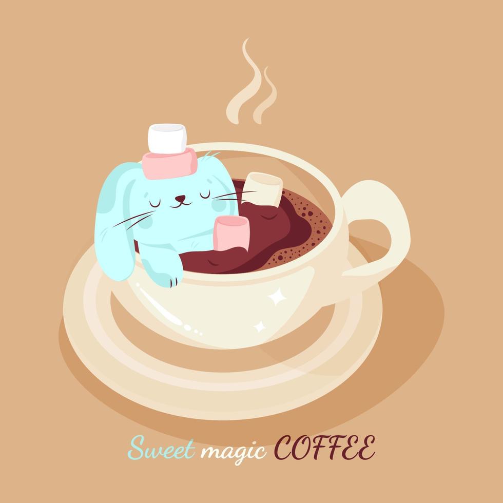 koffie konijn. symbool van de nieuw jaar. smakelijk toetje drankje. een kop van heet chocola allemaal koffie met marshmallows. zoet magie koffie. vector illustratie.