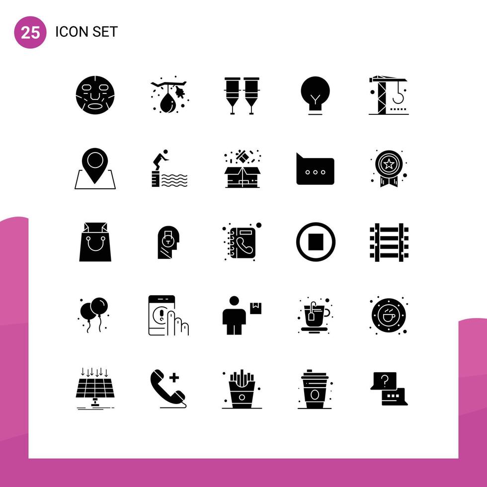 modern reeks van 25 solide glyphs pictogram van ui lamp gezond licht injectiespuit bewerkbare vector ontwerp elementen