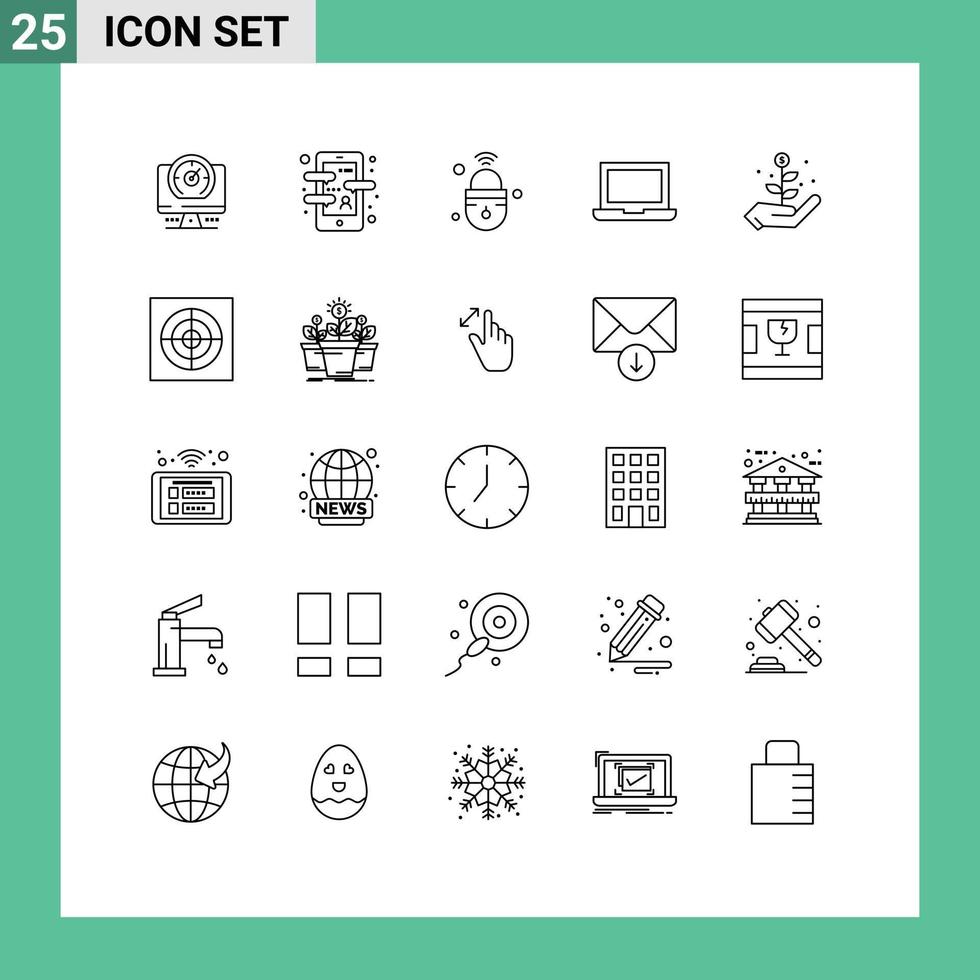 bewerkbare vector lijn pak van 25 gemakkelijk lijnen van groei laptop taal app apparaat beveiligen bewerkbare vector ontwerp elementen