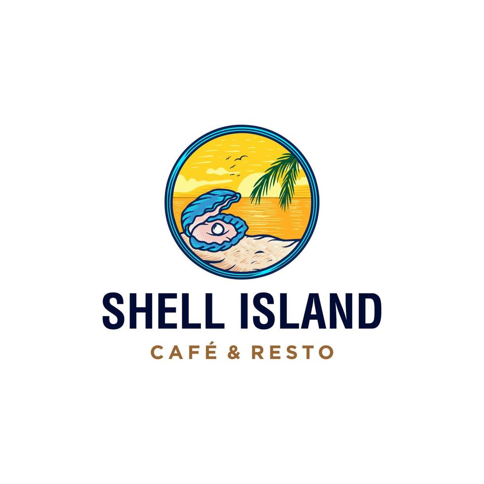 strand illustratie logo met schelp, parel, kokosnoot boom, zonsondergang zonsopkomst tropisch icoon ontwerp, in modieus kleurrijk hipster insigne vector