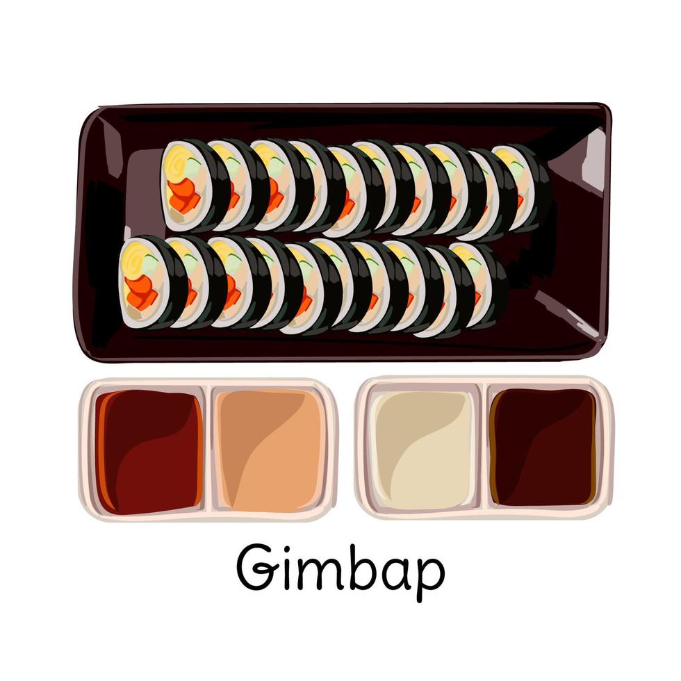 Koreaans kimbap. geïsoleerd kimbap of gimbal in Aan wit achtergrond. authentiek Aziatisch voedsel, Koreaans straat voedsel, een plak van rijst- rollen. top visie, vector illustratie.