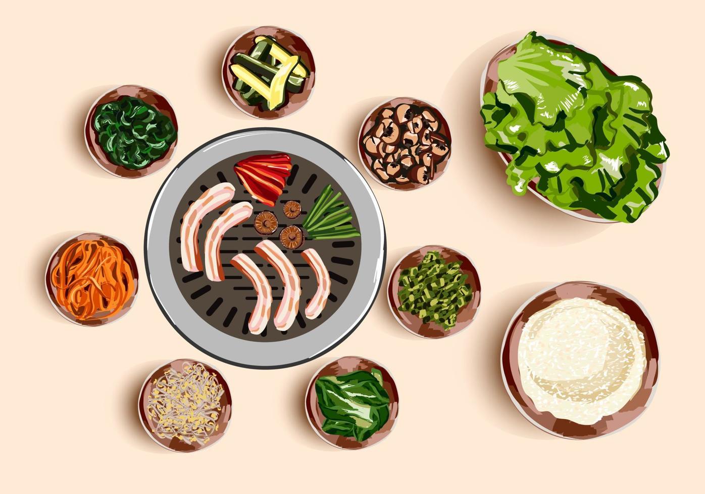 traditioneel Koreaans voedsel, Koreaans barbecue, grillen rundvlees, barbecueën. gegrild snacks. illustratie voor restaurant menu. top visie. vector illustratie.