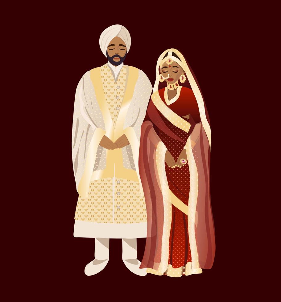 Indisch bruiloft uitnodiging kaart ontwerp. paar in traditioneel Indisch jurk tekenfilm karakter, vector illustratie.