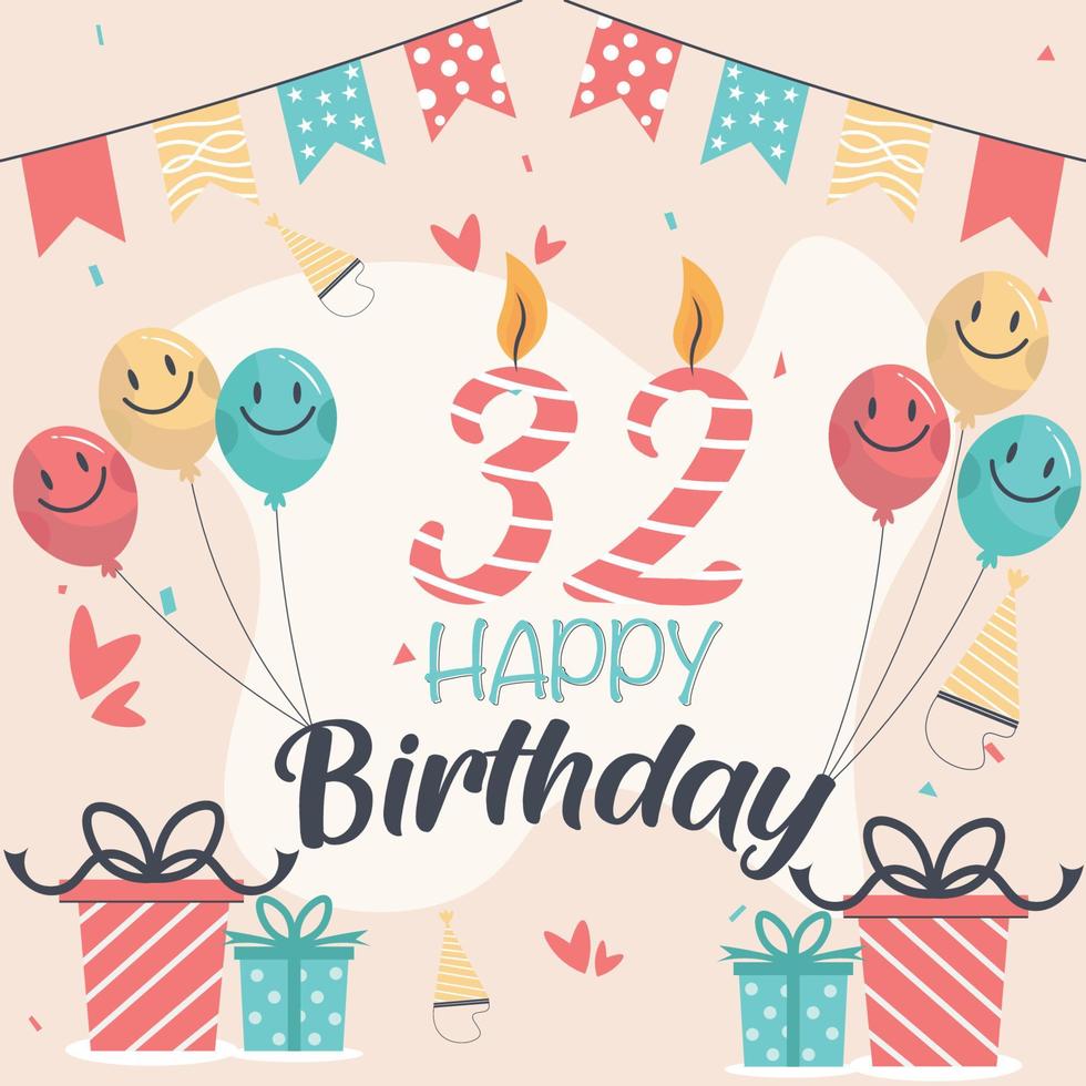 32e gelukkig verjaardag vector ontwerp voor groet kaarten en poster met ballon en geschenk doos ontwerp.