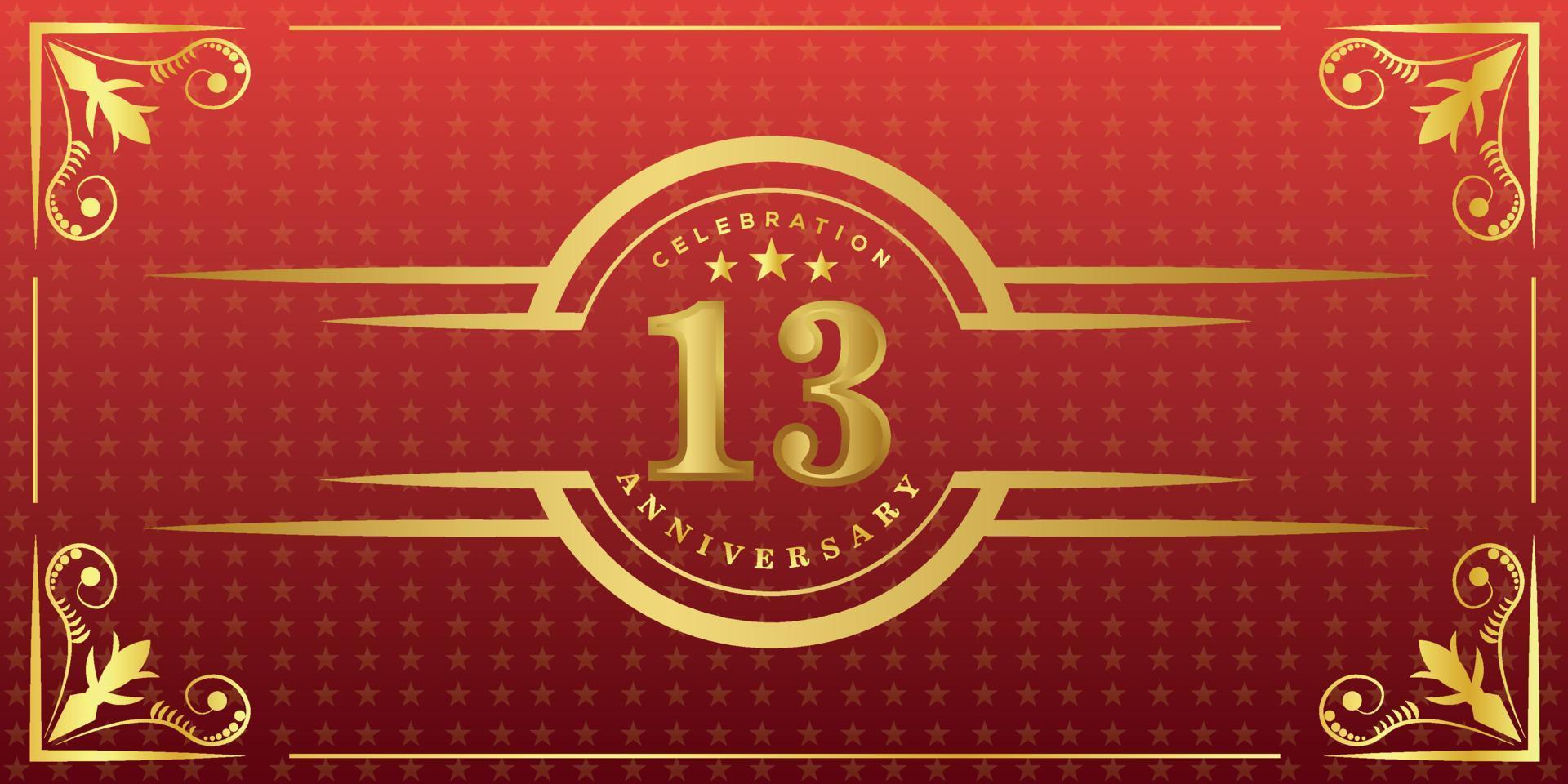 13e verjaardag logo met gouden ring, confetti en goud grens geïsoleerd Aan elegant rood achtergrond, fonkeling, vector ontwerp voor groet kaart en uitnodiging kaart