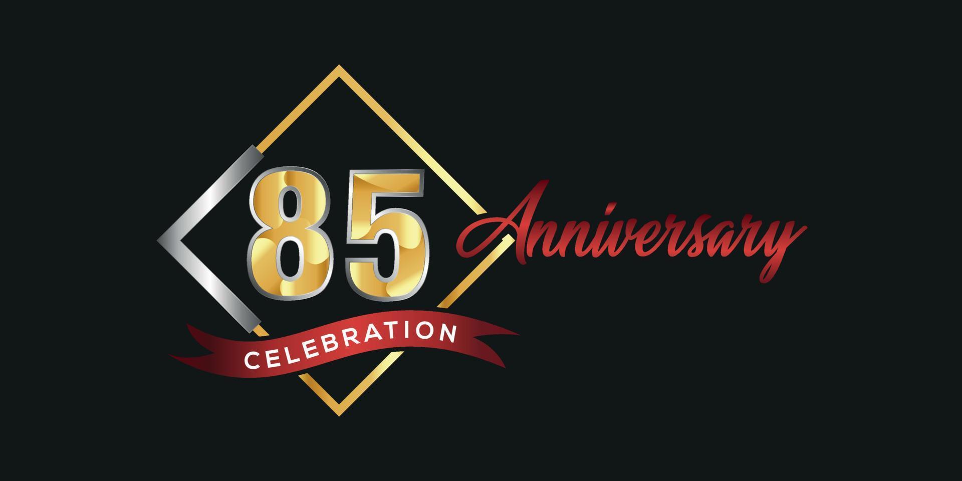 85ste verjaardag logo met gouden en zilver doos, confetti en rood lint geïsoleerd Aan elegant zwart achtergrond, vector ontwerp voor groet kaart en uitnodiging kaart