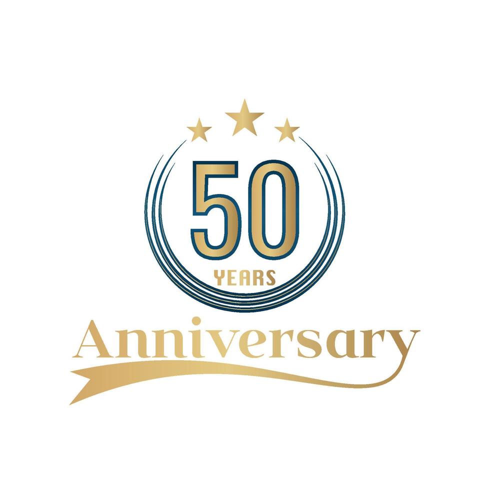 50 jaar verjaardag vector sjabloon ontwerp illustratie. goud en blauw kleur ontwerp met lint