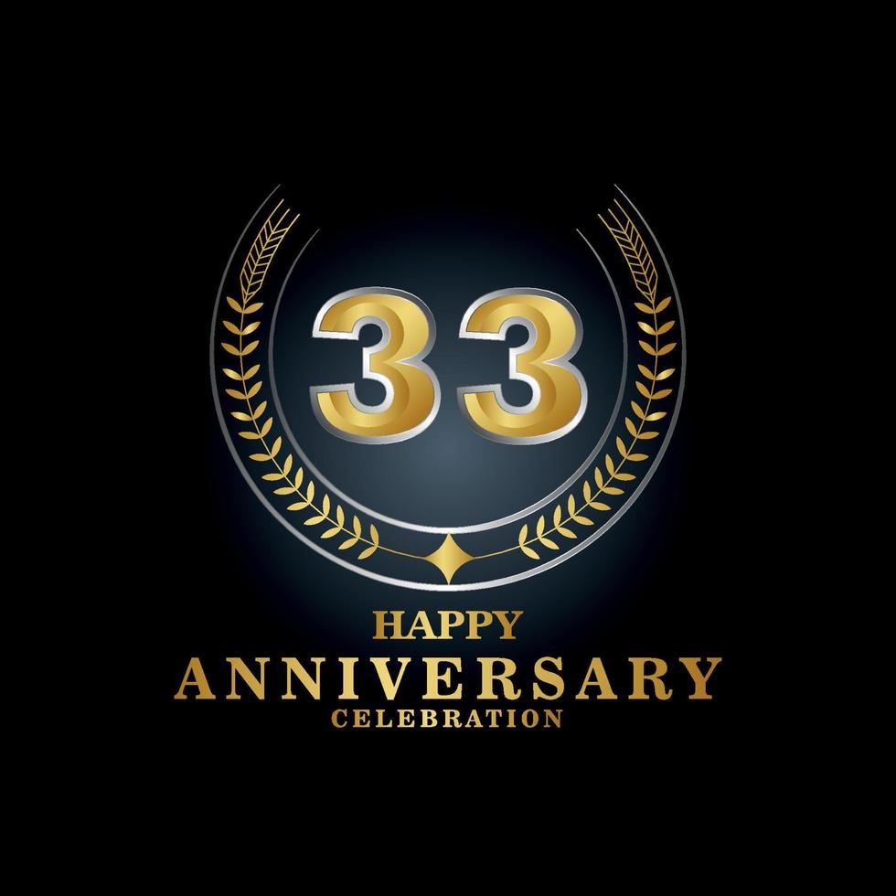 sjabloon embleem 33e jaren oud luxueus verjaardag met een kader in de het formulier van laurier takken en de aantal . verjaardag Koninklijk logo. vector illustratie ontwerp