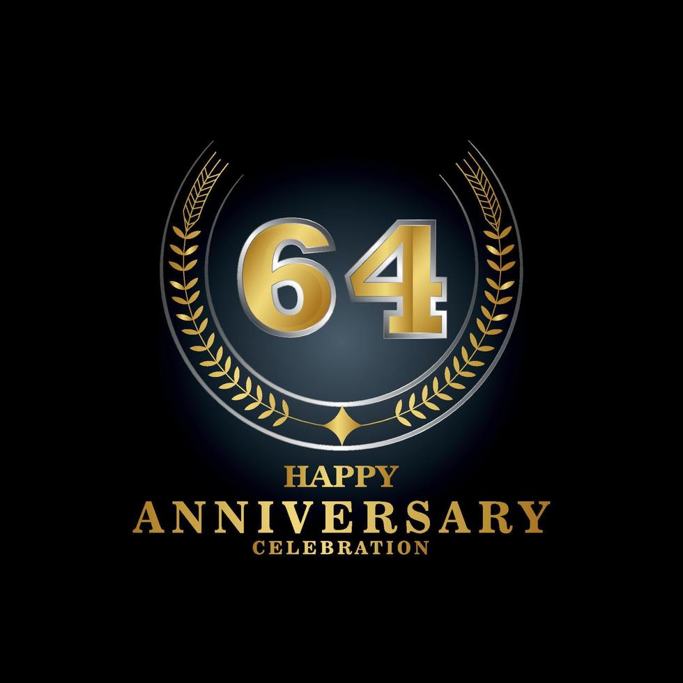 sjabloon embleem 64ste jaren oud luxueus verjaardag met een kader in de het formulier van laurier takken en de aantal . verjaardag Koninklijk logo. vector illustratie ontwerp