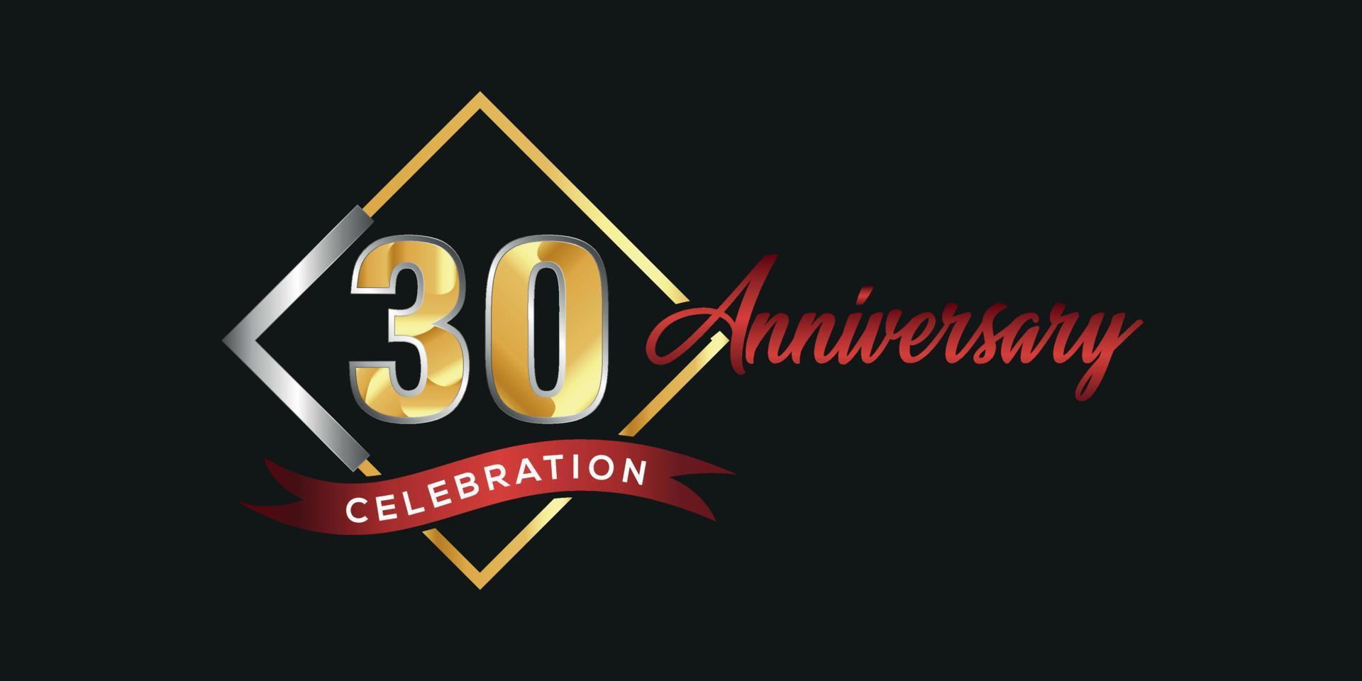 30e verjaardag logo met gouden en zilver doos, confetti en rood lint geïsoleerd Aan elegant zwart achtergrond, vector ontwerp voor groet kaart en uitnodiging kaart