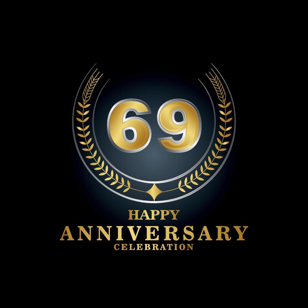 sjabloon embleem 69e jaren oud luxueus verjaardag met een kader in de het formulier van laurier takken en de aantal . verjaardag Koninklijk logo. vector illustratie ontwerp