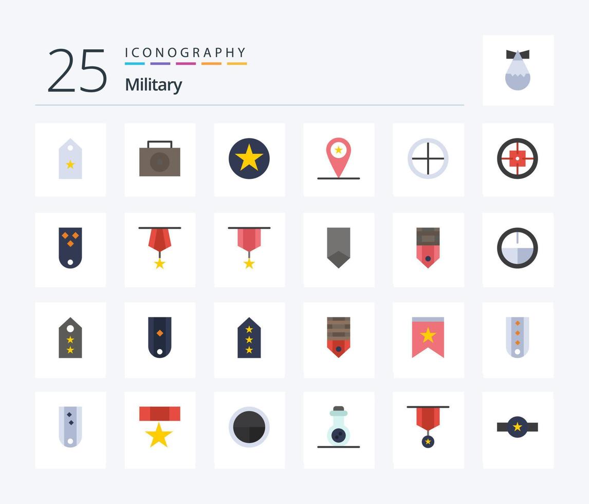 leger 25 vlak kleur icoon pak inclusief kenteken. soldaat. cirkel. tijdelijke aanduiding. leger vector