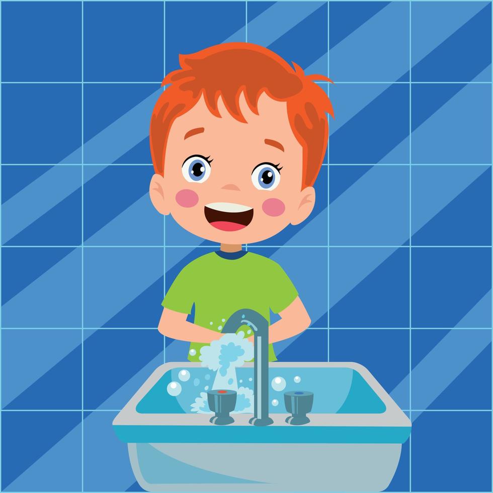 gelukkig schattig weinig kind jongen wassen hand- in wastafel vector