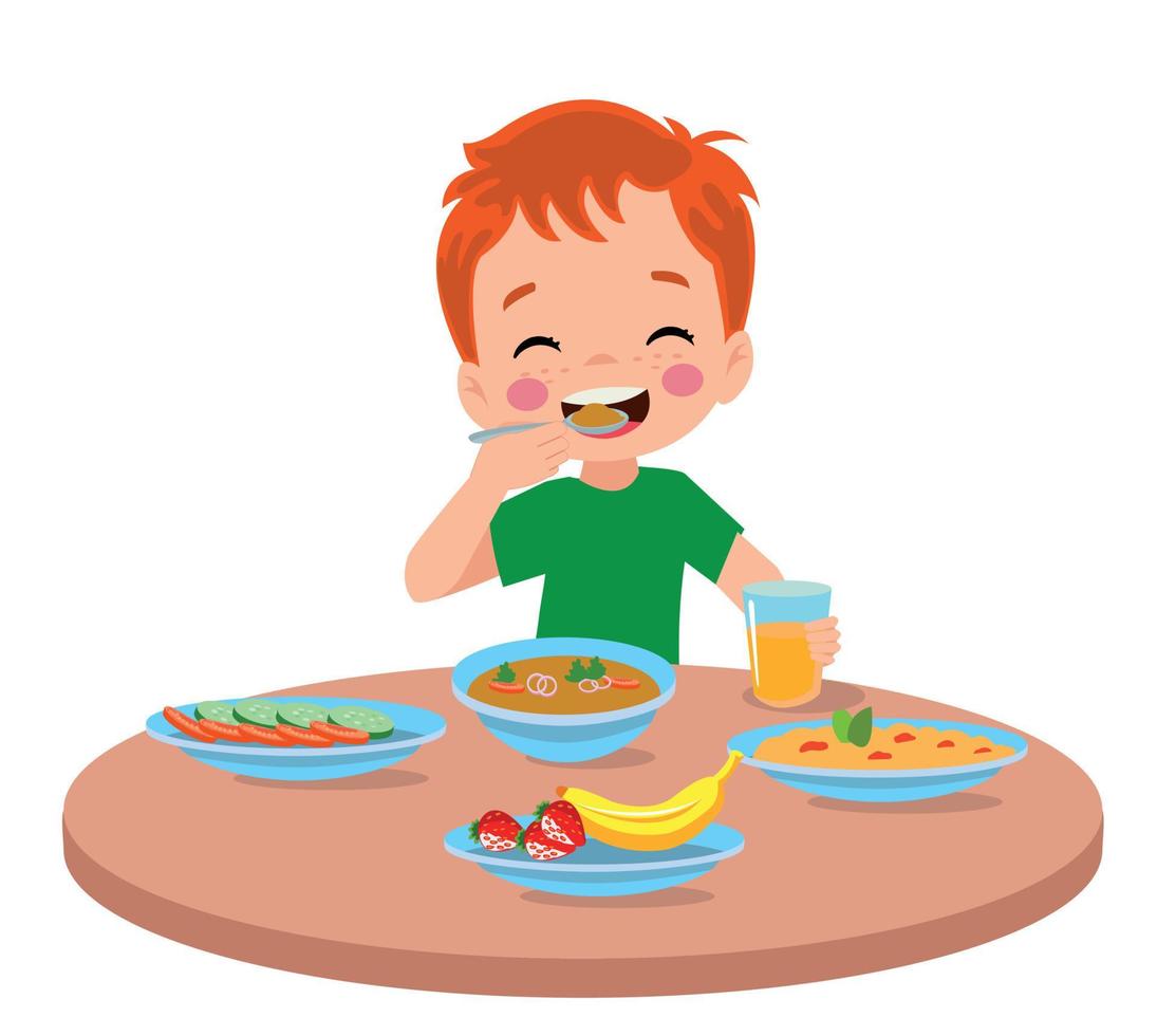 schattig weinig jongen aan het eten Bij de avondeten tafel vector