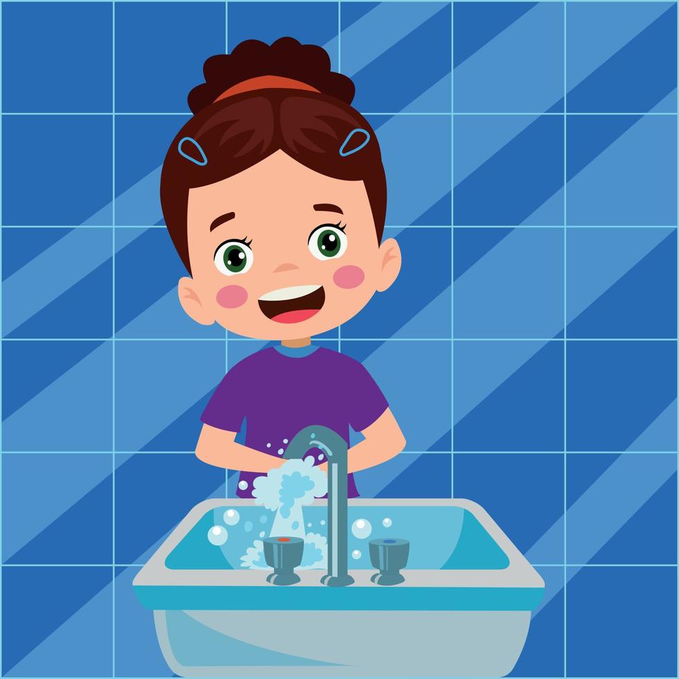 gelukkig schattig weinig kind jongen wassen hand- in wastafel vector