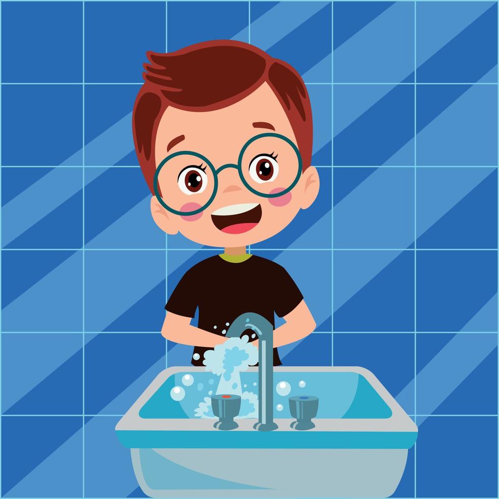 gelukkig schattig weinig kind jongen wassen hand- in wastafel vector