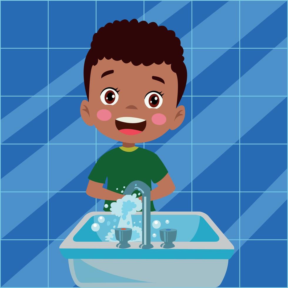 gelukkig schattig weinig kind jongen wassen hand- in wastafel vector
