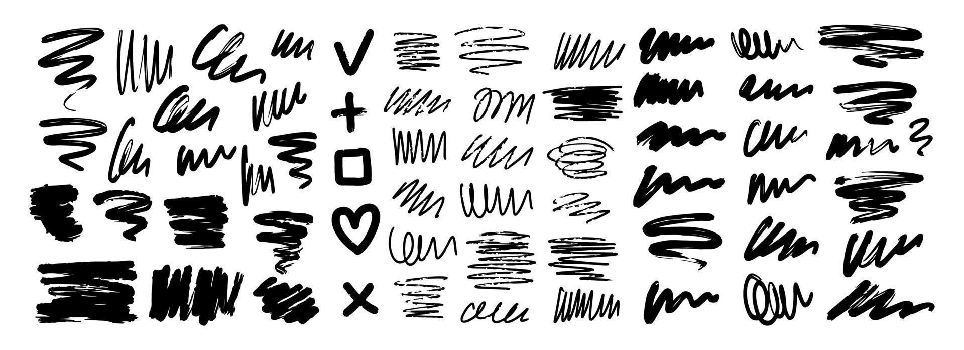 verzameling van zwart abstract borstel slagen, lijnen, tekens, kronkels en wervelt. vector hand getekend illustratie geïsoleerd Aan wit achtergrond. perfect voor decoraties en divers ontwerpen.