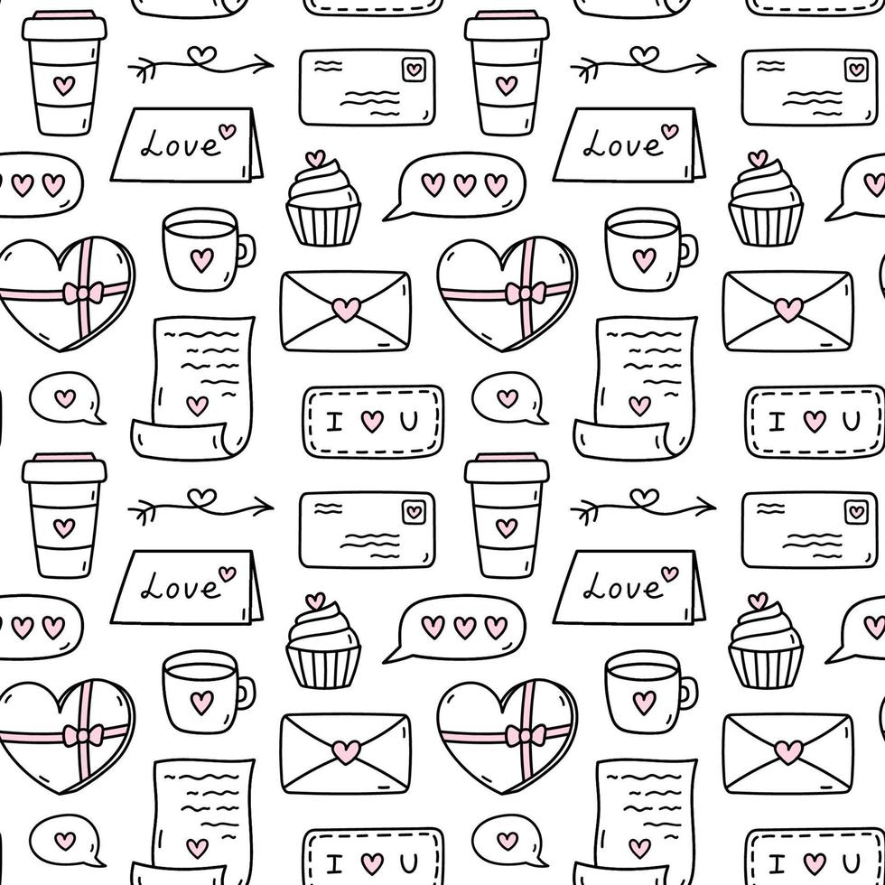 schattig naadloos patroon voor Valentijnsdag dag met pijlen, liefde brieven, enveloppen, cupcakes, chocolaatjes en koffie. vector hand getekend tekening illustratie. perfect voor vakantie ontwerpen, decor, inpakken.