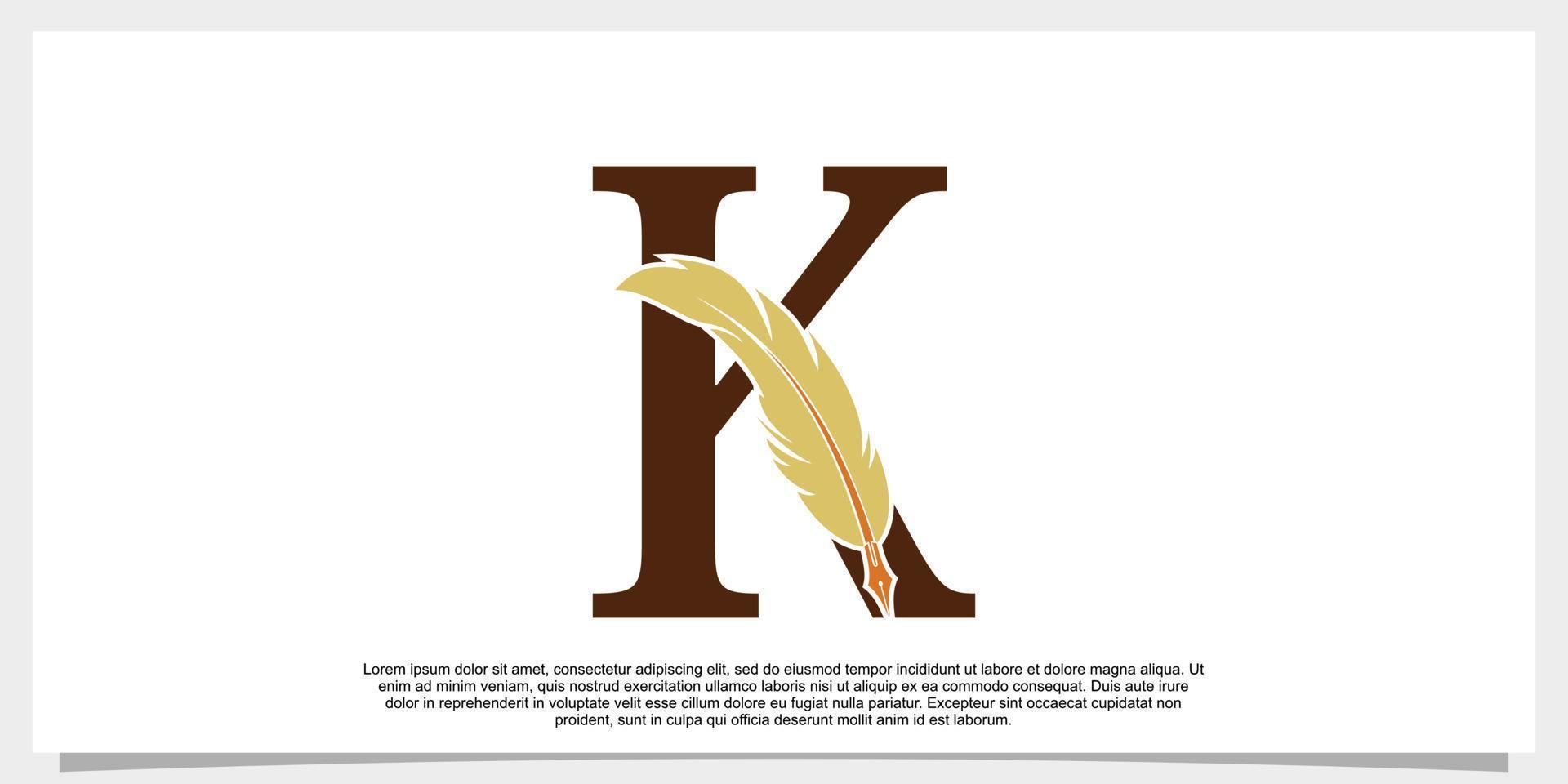 brief k veer logo ontwerp met veer pen icoon concept vector