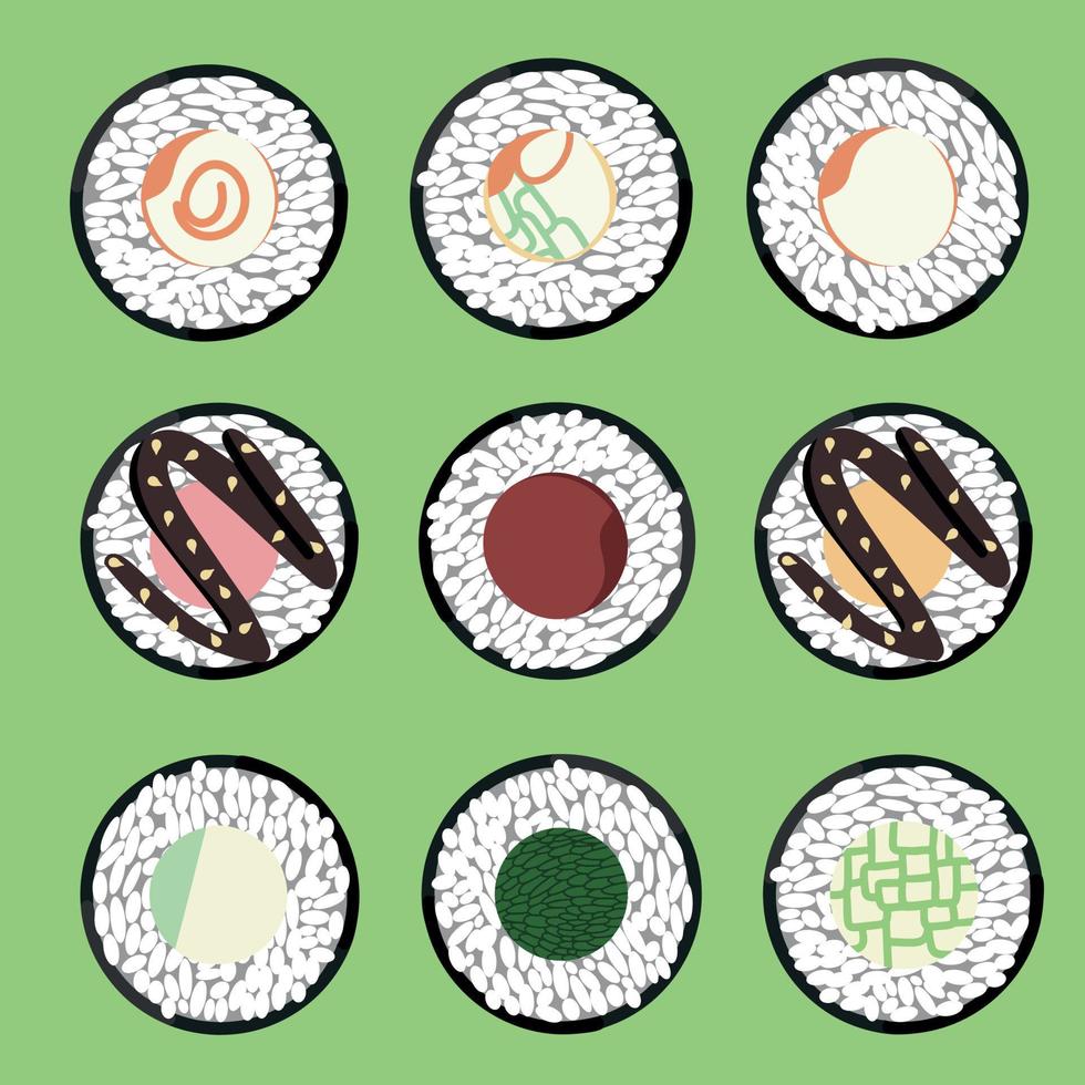 vector icoon reeks van lekker gekleurde sushi broodjes. verzameling van verschillend smaken en soorten. traditioneel Japans voedsel. Aziatisch zeevruchten groep. sjabloon voor sushi restaurant, cafe, levering of uw bedrijf