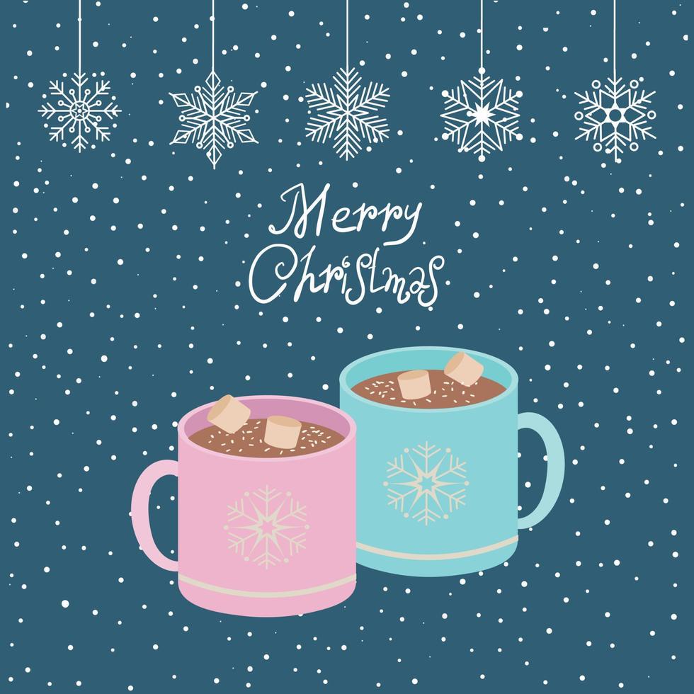 heet chocola met marshmallows. een kop met een ornament in de het formulier van sneeuwvlokken en de opschrift vrolijk kerstmis. vector illustratie.