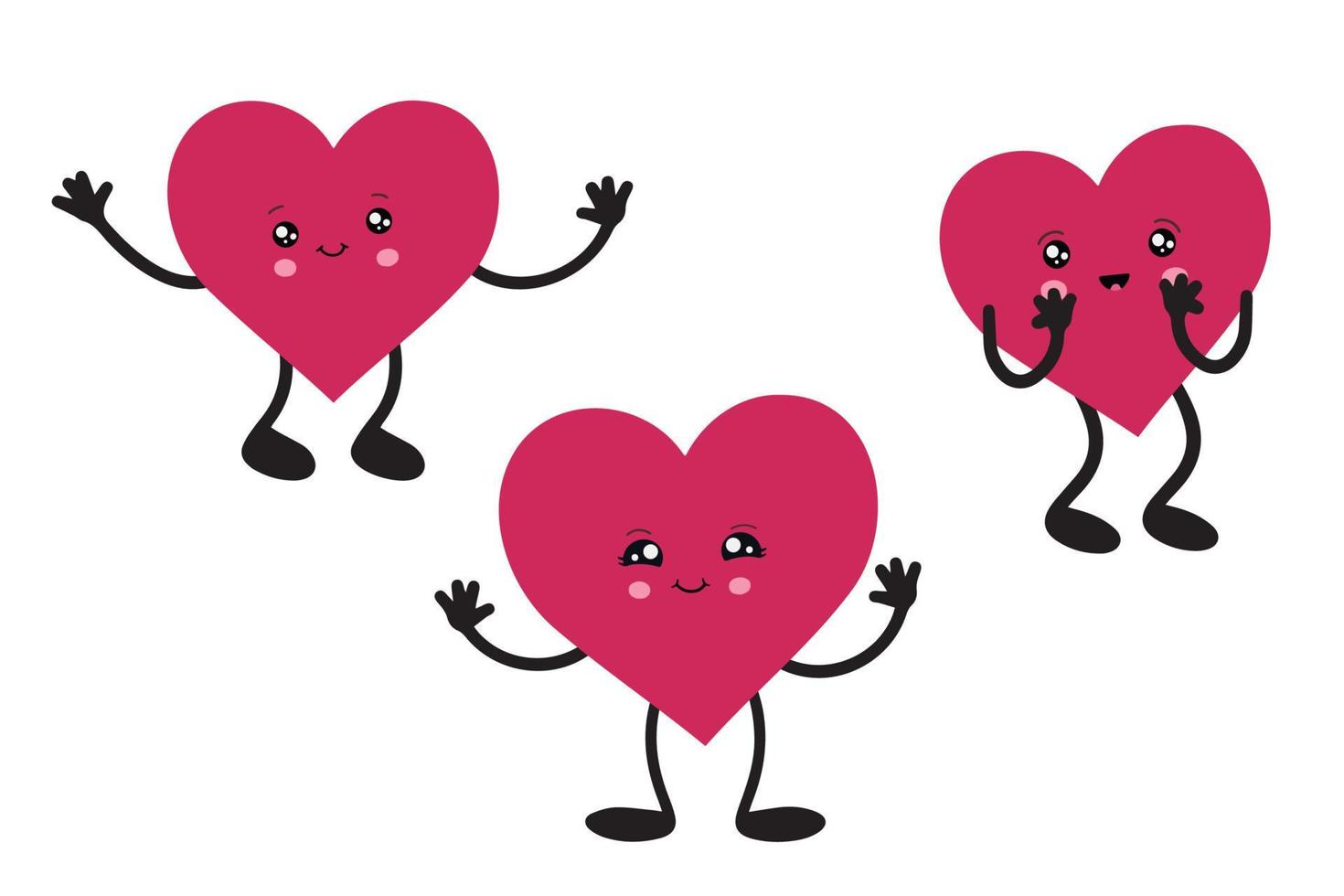 kawaii harten, een reeks van schattig emoji pictogrammen. hand getekend emotioneel tekenfilm karakters. schattig liefde tekens met verschillend gezichten, grappig positief emoties vector