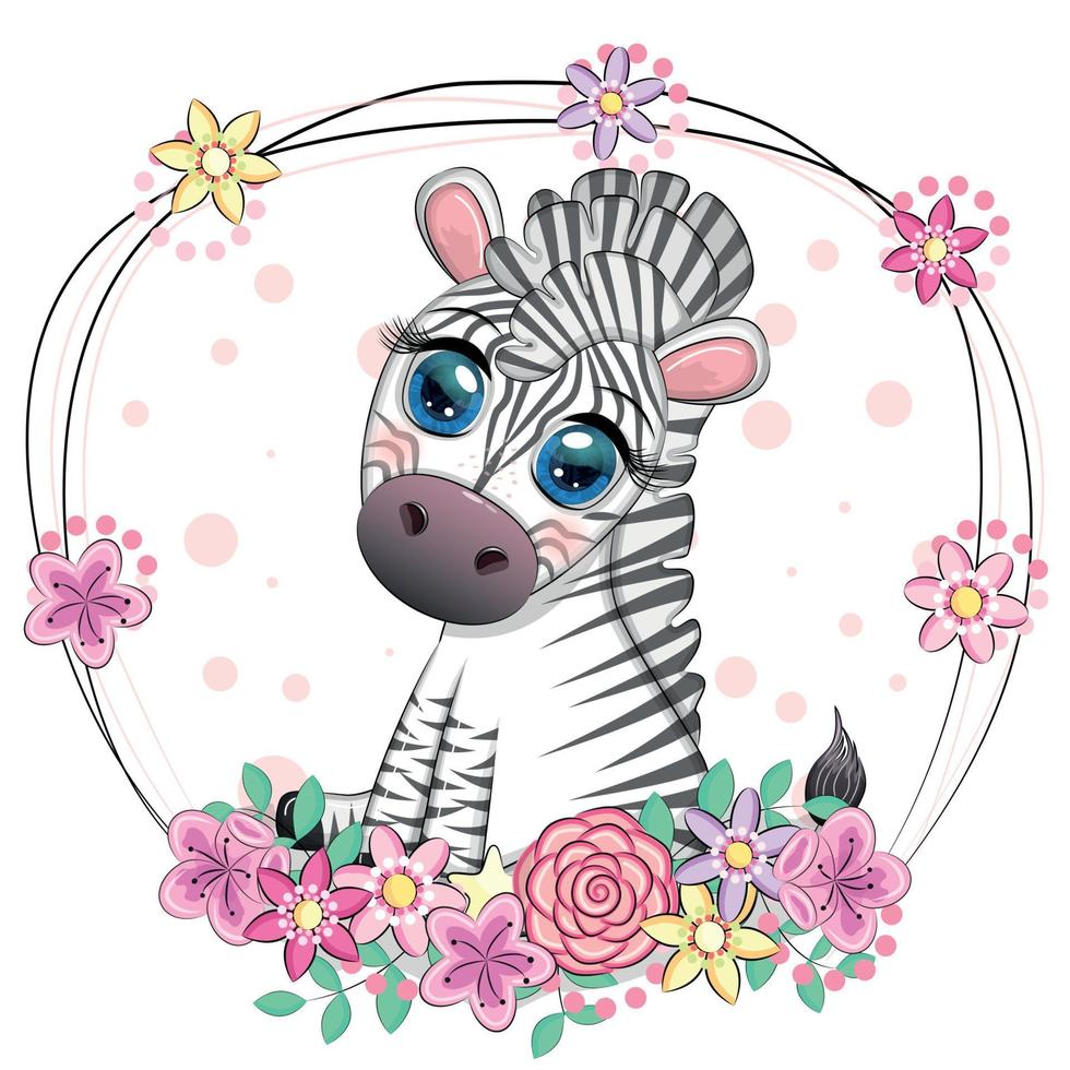 schattig tekenfilm zebra zit in bloemen. kinderachtig gestreept karakter, Afrikaanse dieren vector