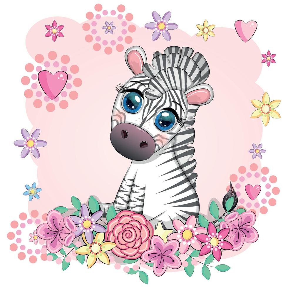 schattig tekenfilm zebra zit in bloemen. kinderachtig gestreept karakter, Afrikaanse dieren vector