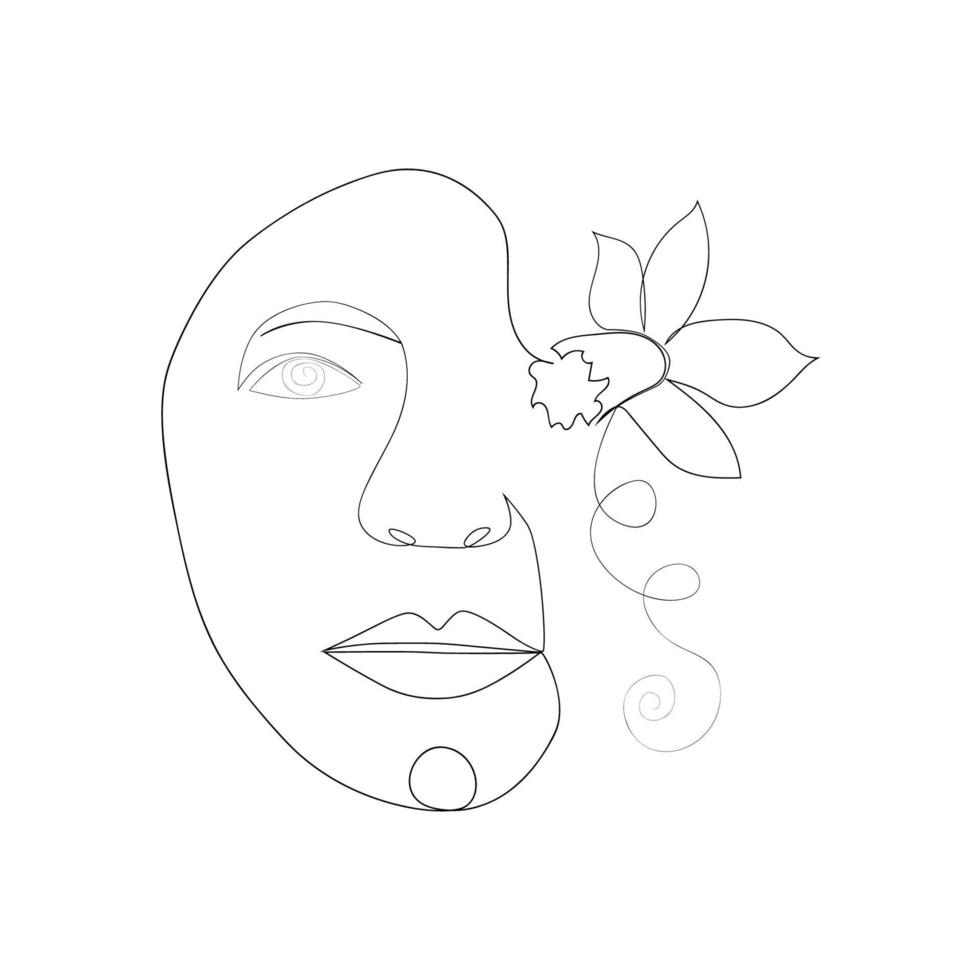 vrouw gezicht met bloemen een lijn tekening. voor de helft van de gezicht is een bloem. doorlopend lijn tekening kunst. natuur cosmetica. vector