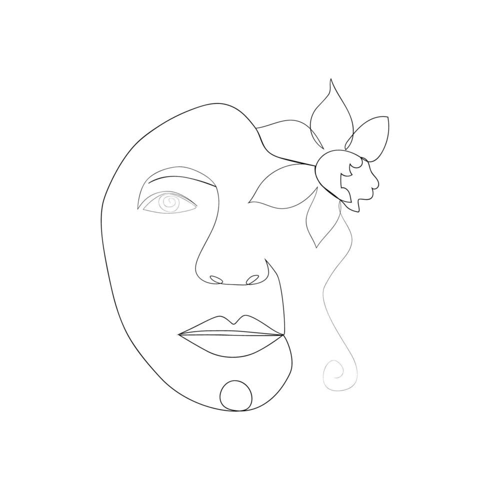 vrouw gezicht met bloemen een lijn tekening. voor de helft van de gezicht is een bloem. doorlopend lijn tekening kunst. natuur cosmetica. vector