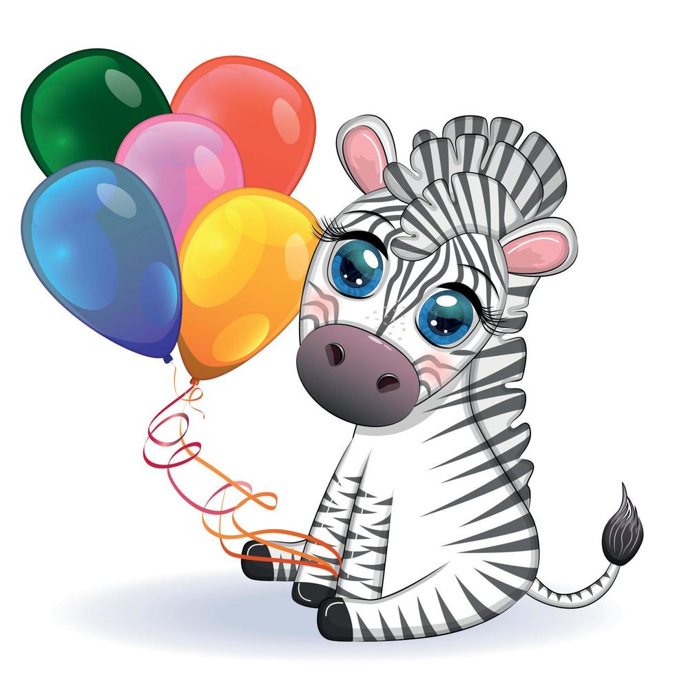 schattig tekenfilm zebra is zittend en Holding ballonnen. kinderen gestreept karakter, vakantie vector